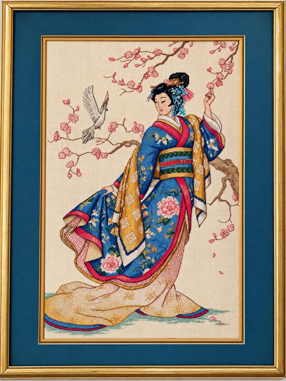 Vintage needlepoint, Japanese geisha, framed Asian art